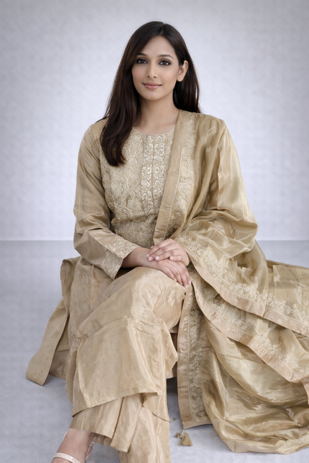 Beige Indian kurta set with dupatta for festive wear by Adishee Australia