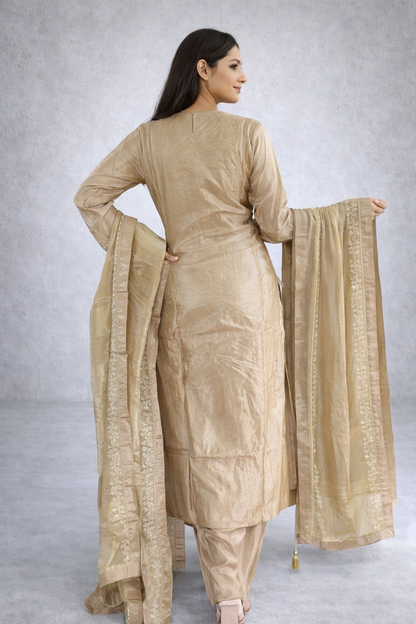 Beige Indian kurta set with dupatta for festive wear by Adishee Australia