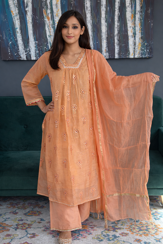 Peach Embroidered Chanderi Kurta Set with Dupatta - Elegant Festive Wear