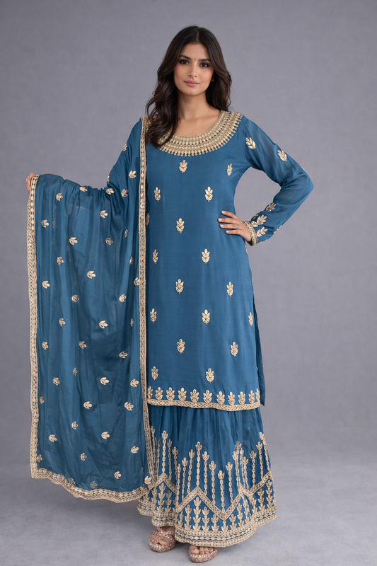 Teal Embroidered Kurta Sharara Set with Dupatta - Traditional Festive Outfit