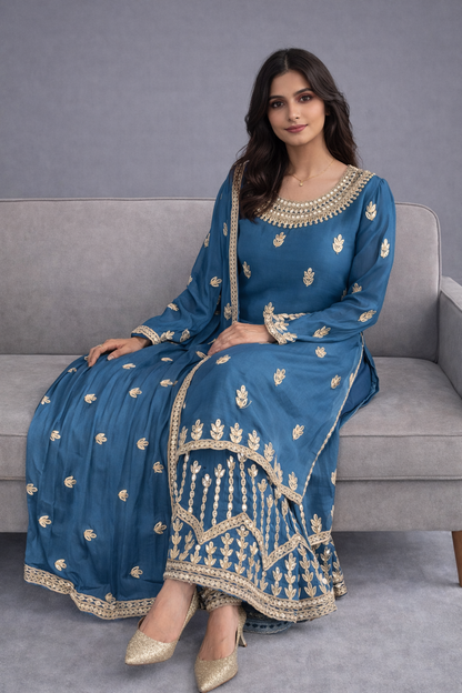Teal Embroidered Kurta Sharara Set with Dupatta - Traditional Festive Outfit