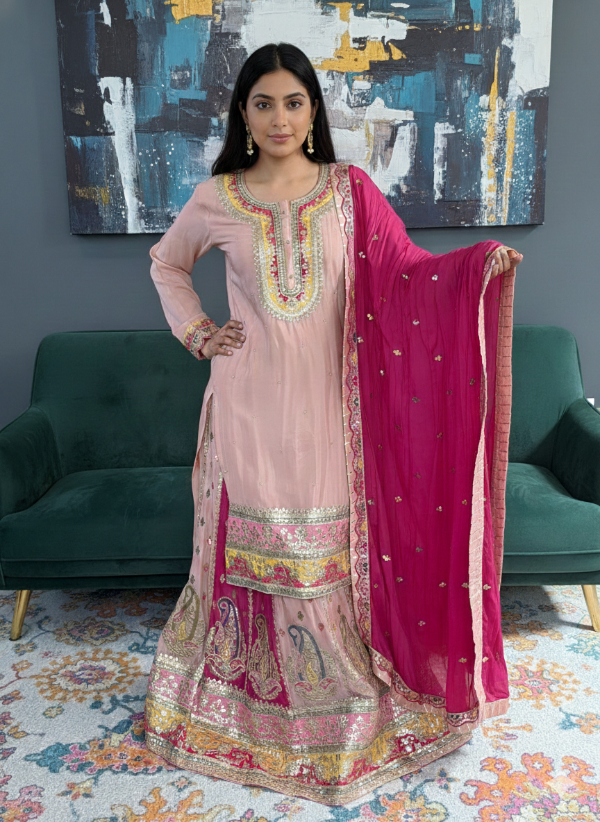 Stylish Peach Silk Lehenga Suit
