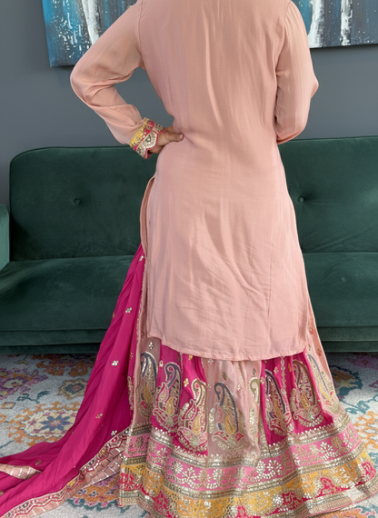 Stylish Peach Silk Lehenga Suit