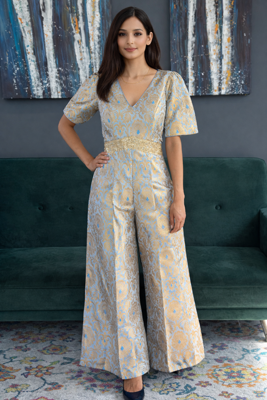 Sky Blue & Gold Brocade Jumpsuit - Designer Festive Party Wear