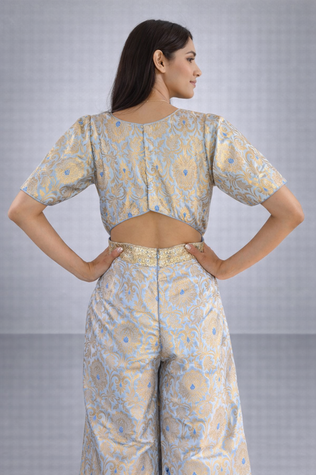 Sky Blue & Gold Brocade Jumpsuit - Designer Festive Party Wear