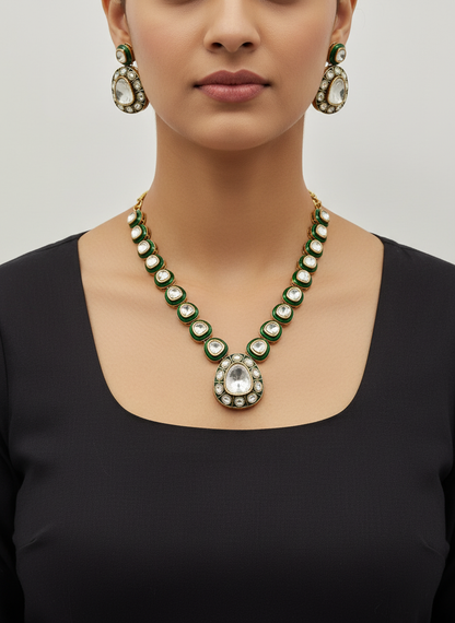 Gold-Tone Kundan Style Statement Necklace with Teardrop Pendant