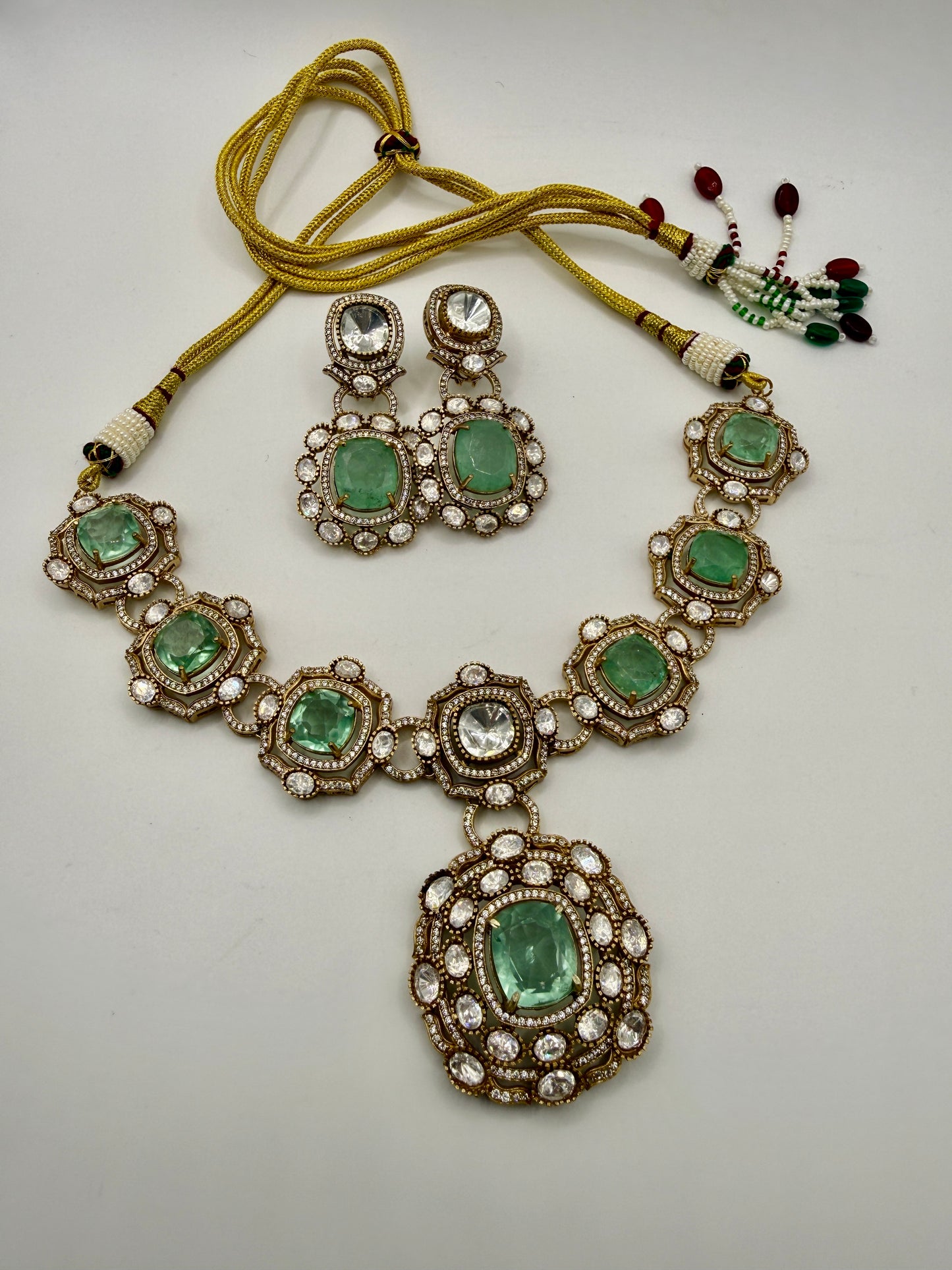 Gold-Tone Green Stone Statement Necklace with Matching Earrings