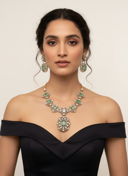Gold-Tone Green Stone Statement Necklace with Matching Earrings