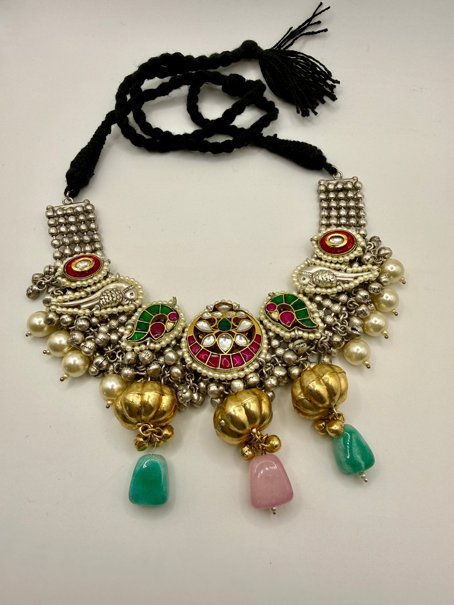 Silver-Tone Statement Choker with Green & Pink Stone Drops