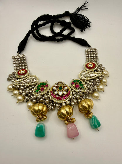 Silver-Tone Statement Choker with Green & Pink Stone Drops