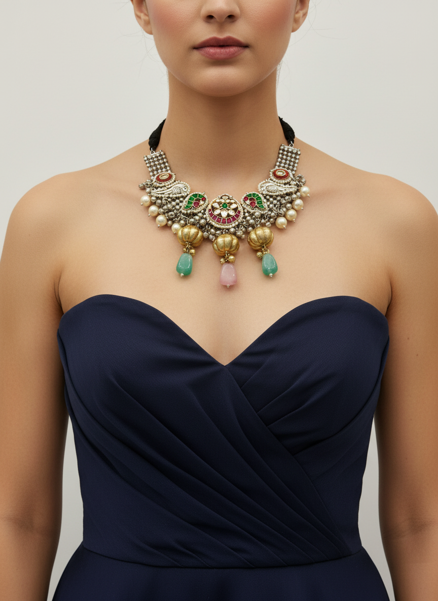 Silver-Tone Statement Choker with Green & Pink Stone Drops