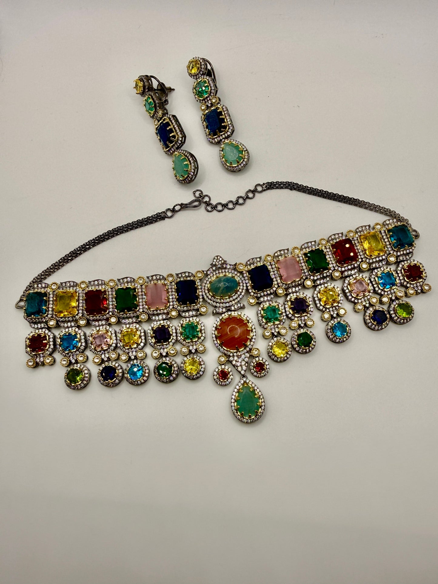 Multicolour Stone Statement Choker Necklace with Drop Detailing - Sabya Inspired