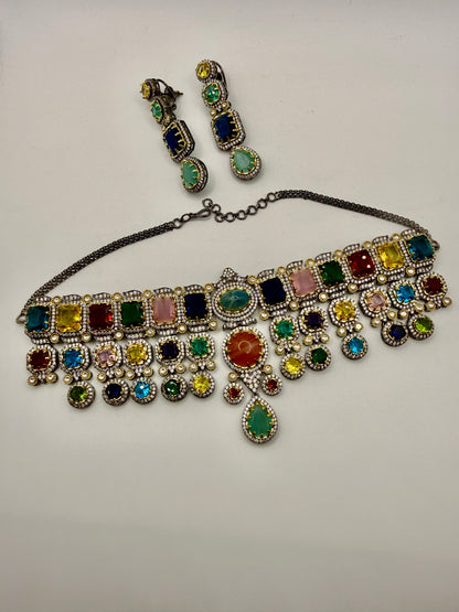 Multicolour Stone Statement Choker Necklace with Drop Detailing - Sabya Inspired