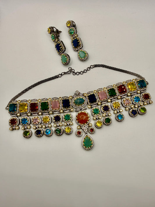 Multicolour Stone Statement Choker Necklace with Drop Detailing - Sabya Inspired