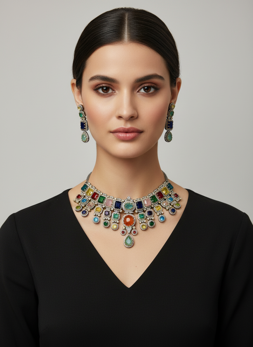 Multicolour Stone Statement Choker Necklace with Drop Detailing - Sabya Inspired