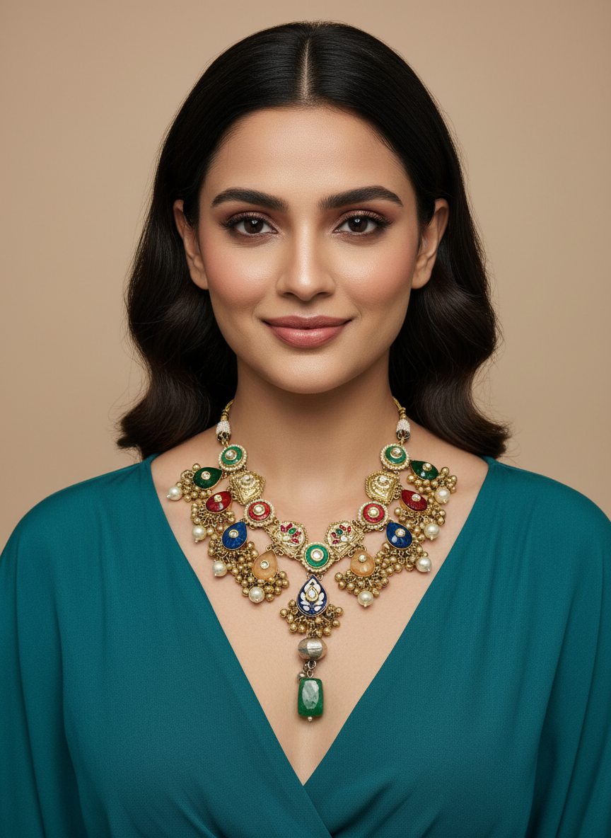 Multicolour Stone Statement Necklace with Pearl Accents - Brass 92.5 Handmade