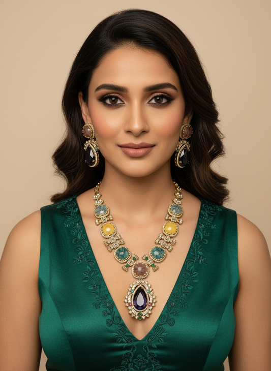 Multicolour Stone Drop Pendant Statement Necklace
