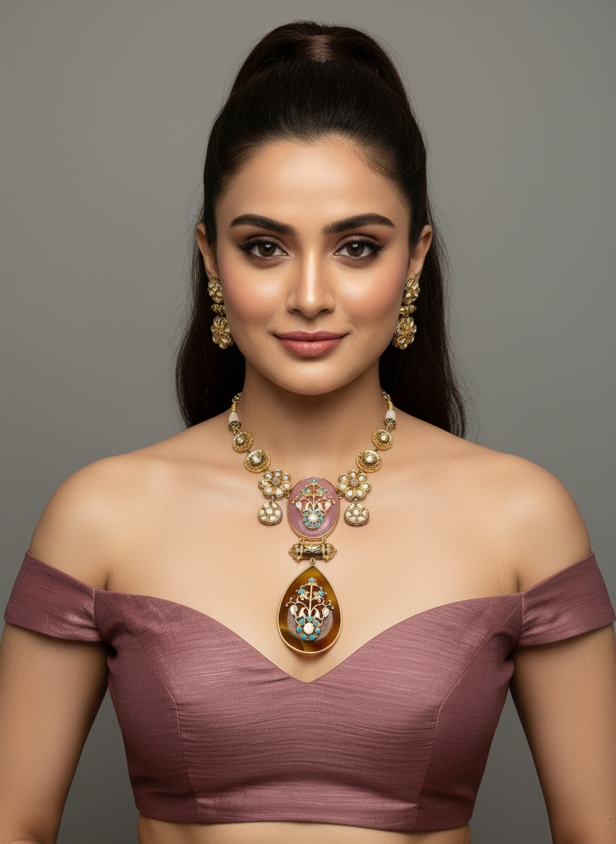 Floral Motif Pendant Statement Necklace with Drop Design