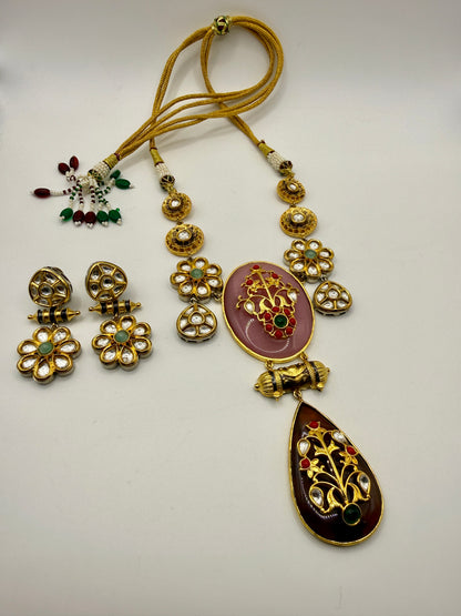 Floral Motif Pendant Statement Necklace with Drop Design