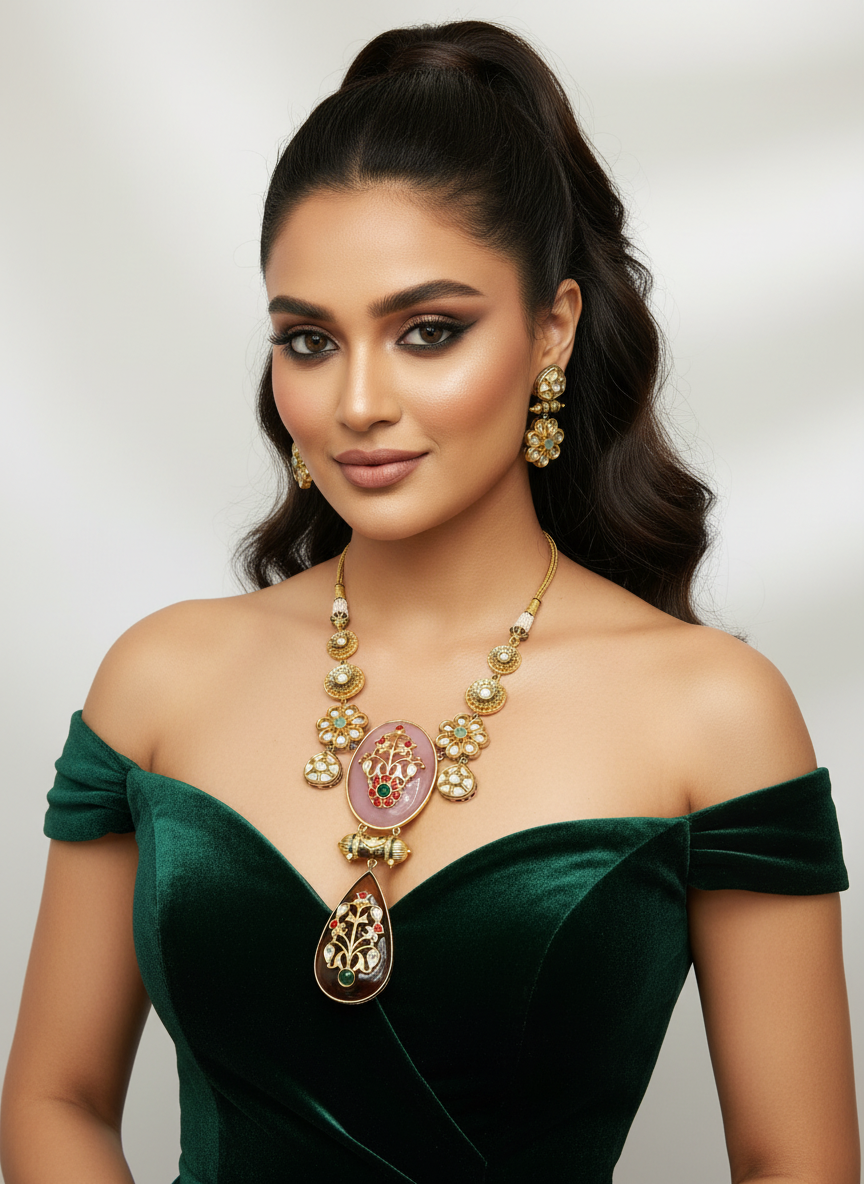 Floral Motif Pendant Statement Necklace with Drop Design