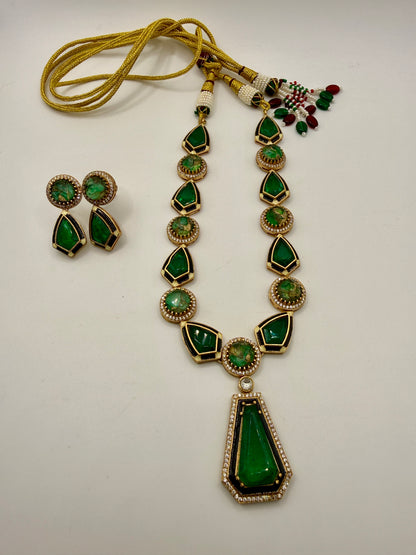 Emerald-Tone Geometric Drop Statement Necklace