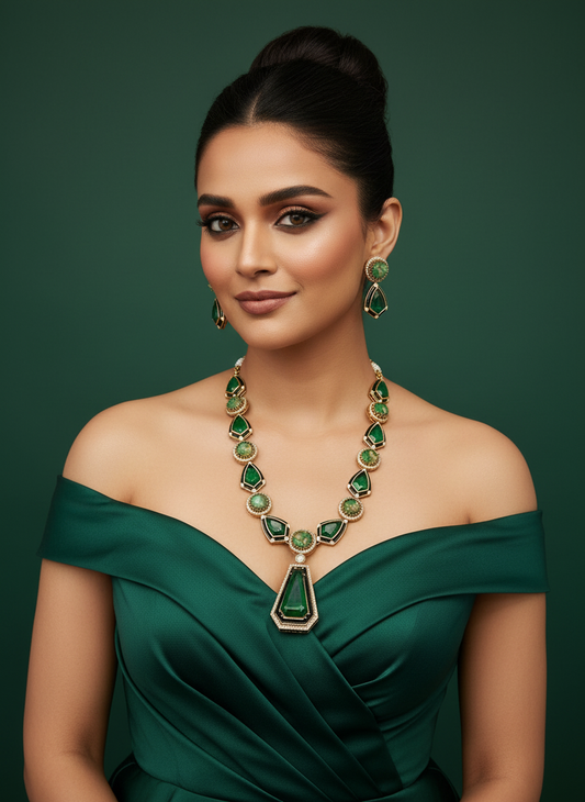 Emerald-Tone Geometric Drop Statement Necklace
