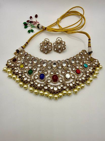 Multicolour Pearl-Edge Bridal Choker Necklace