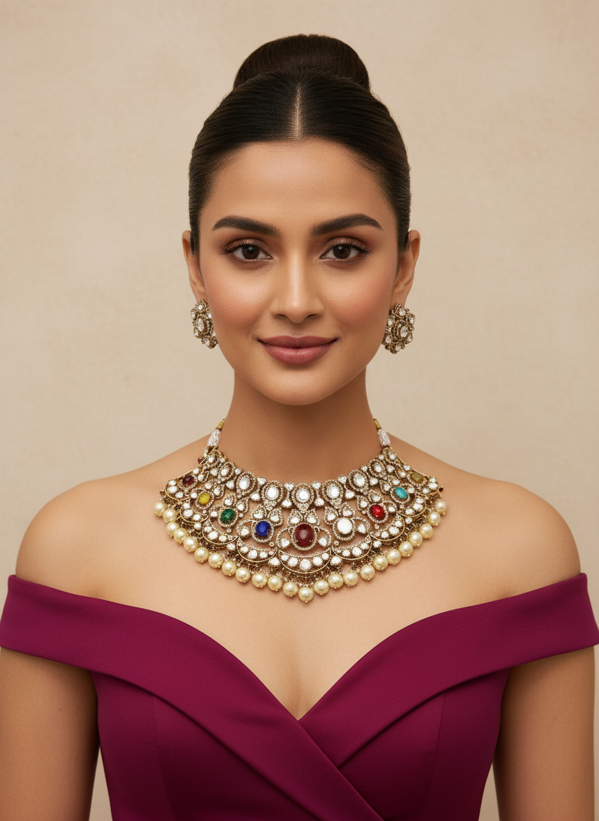 Multicolour Pearl-Edge Bridal Choker Necklace