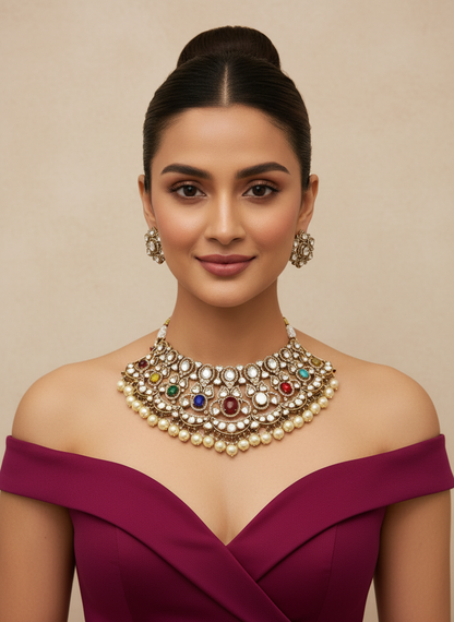 Multicolour Pearl-Edge Bridal Choker Necklace