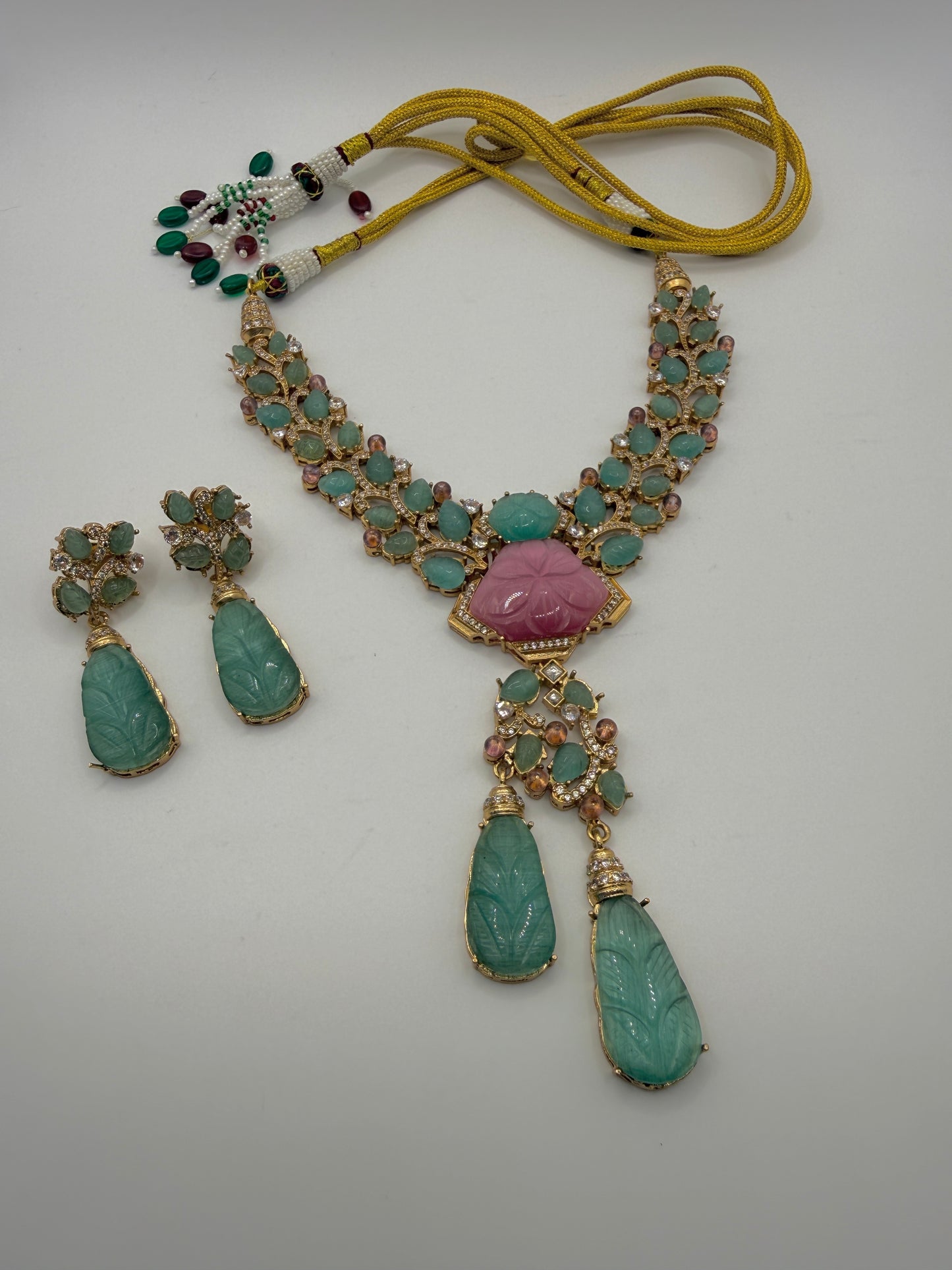 Green & Pink Stone Drop Statement Necklace