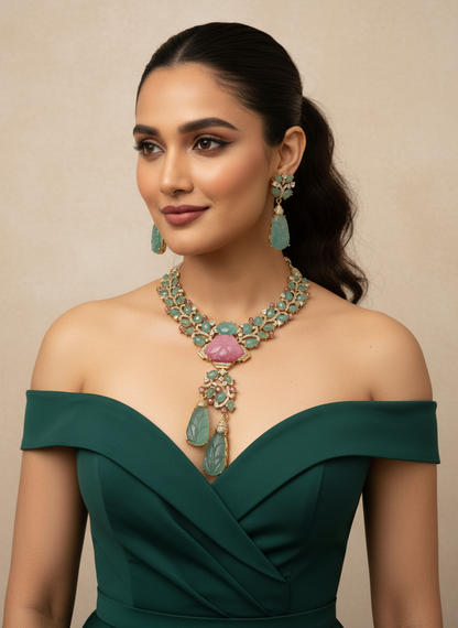 Green & Pink Stone Drop Statement Necklace
