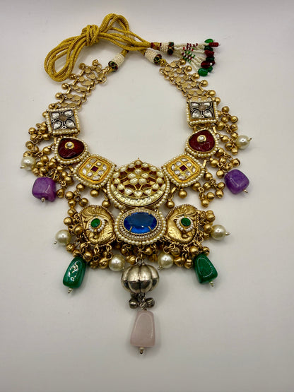 Multicolour Stone Pearl Drop Statement Necklace
