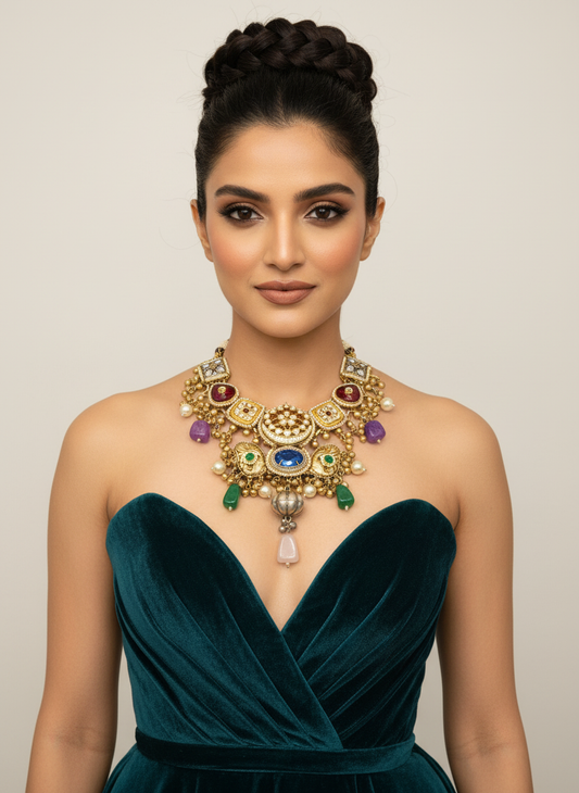 Multicolour Stone Pearl Drop Statement Necklace
