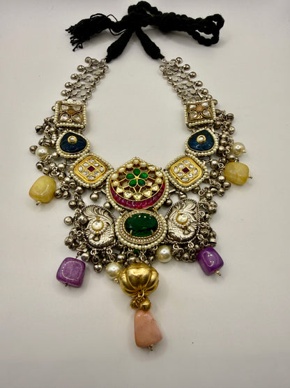 Multicolour Stone Pearl Drop Antique Finish Choker Necklace - Brass 92.5 Handmade