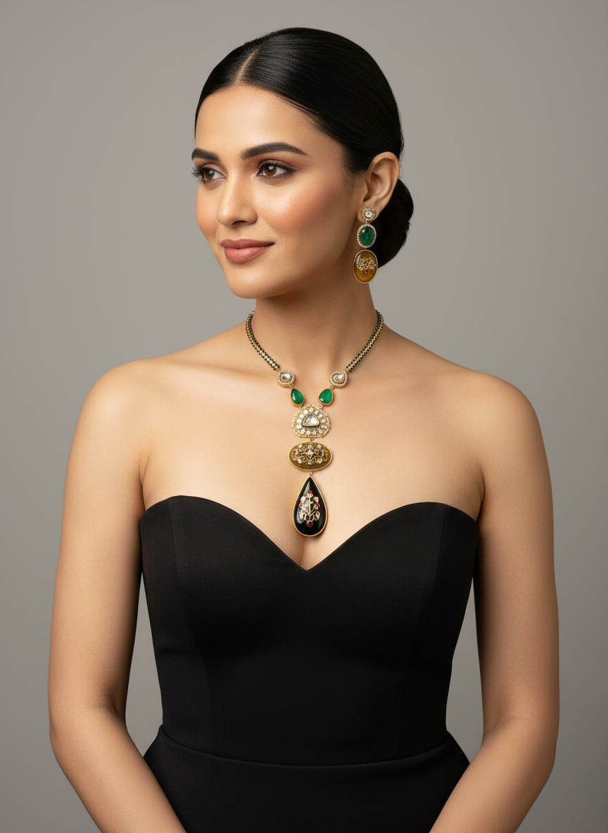 Green Stone Drop Antique Finish Pendant Necklace