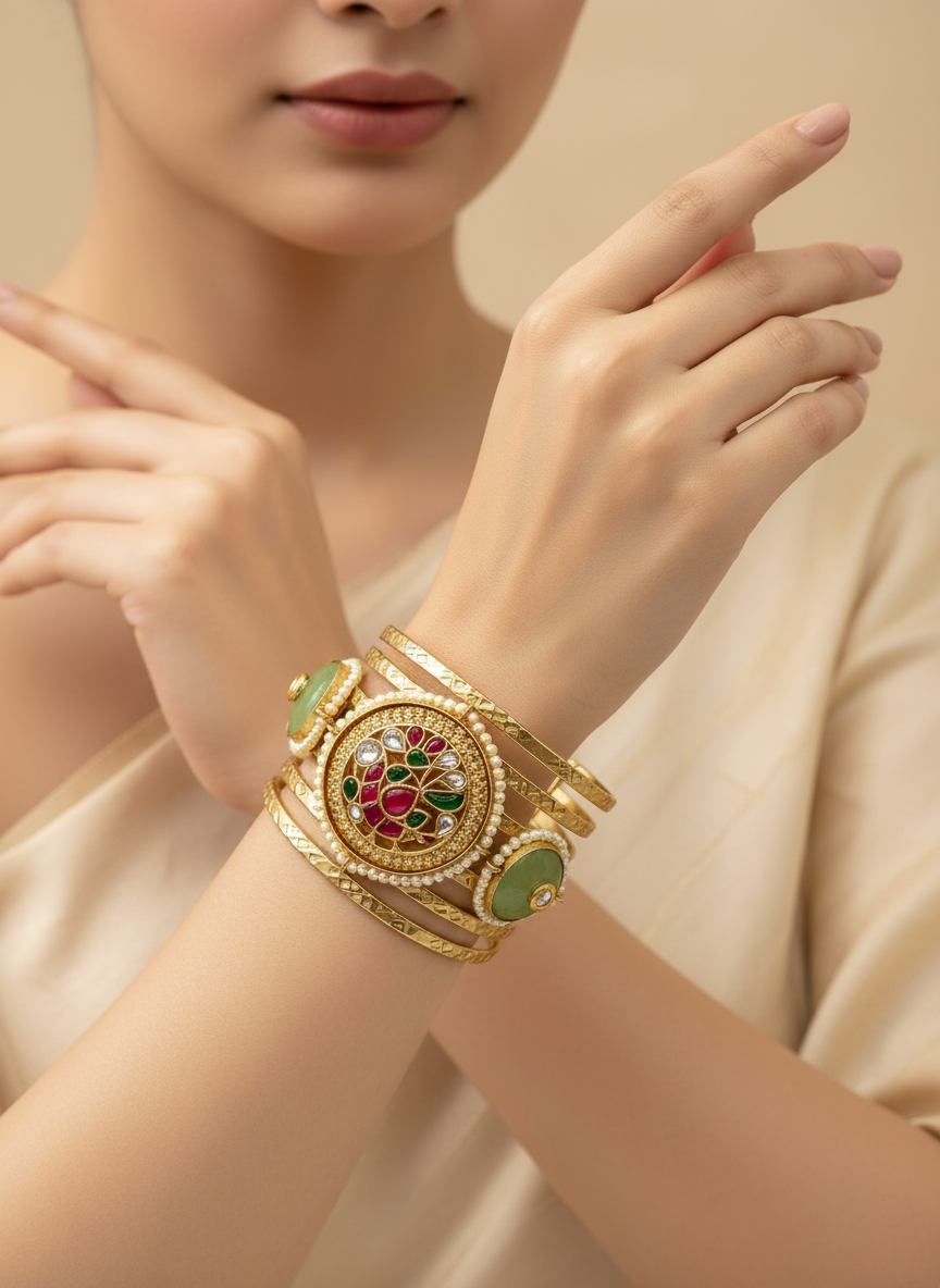 Antique Meenakari with Paachi Stone Bangles Set