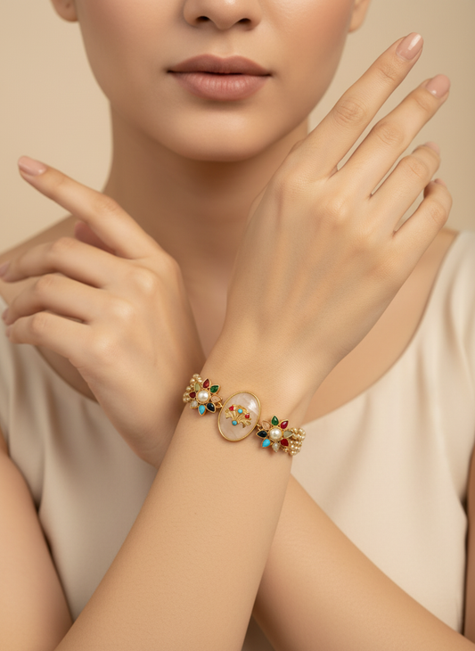 Designer Navratna Bracelet with Enamel & Multicolour Stonework