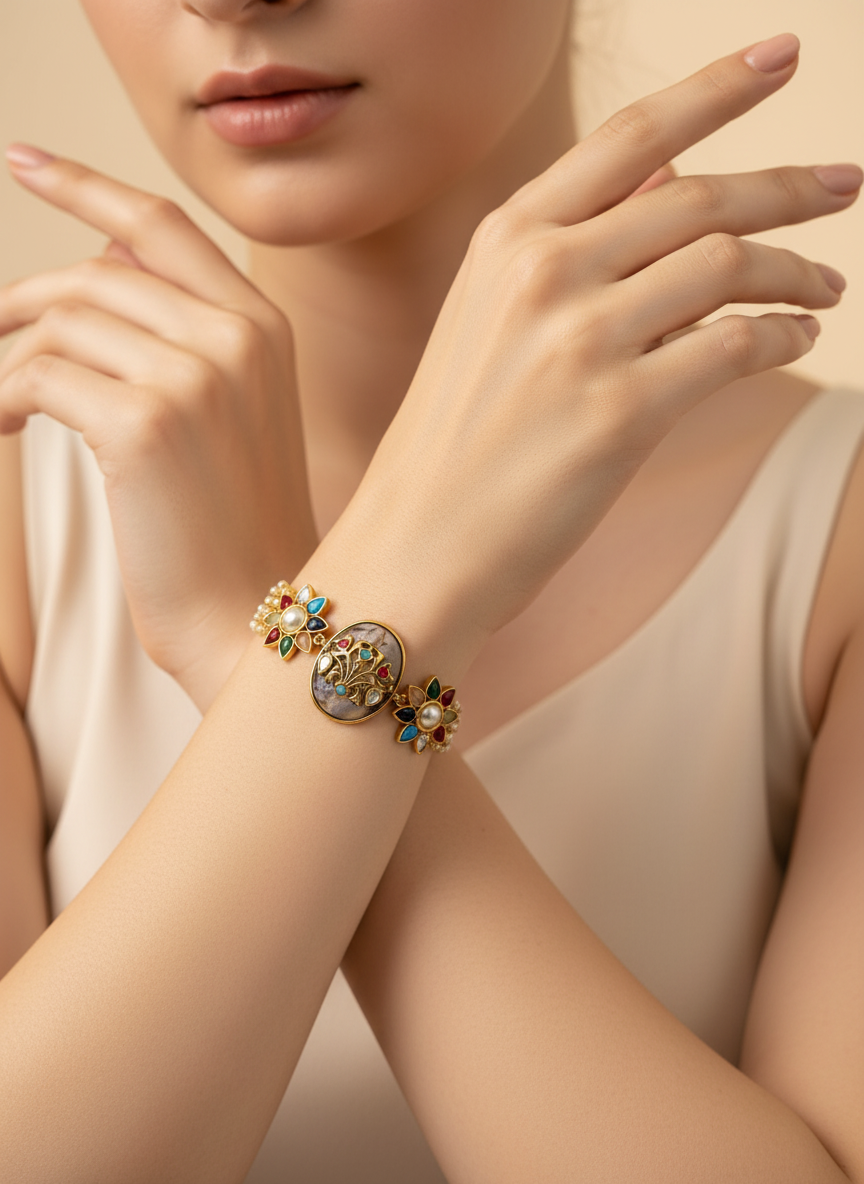 Designer Navratna Bracelet with Enamel & Multicolour Stonework