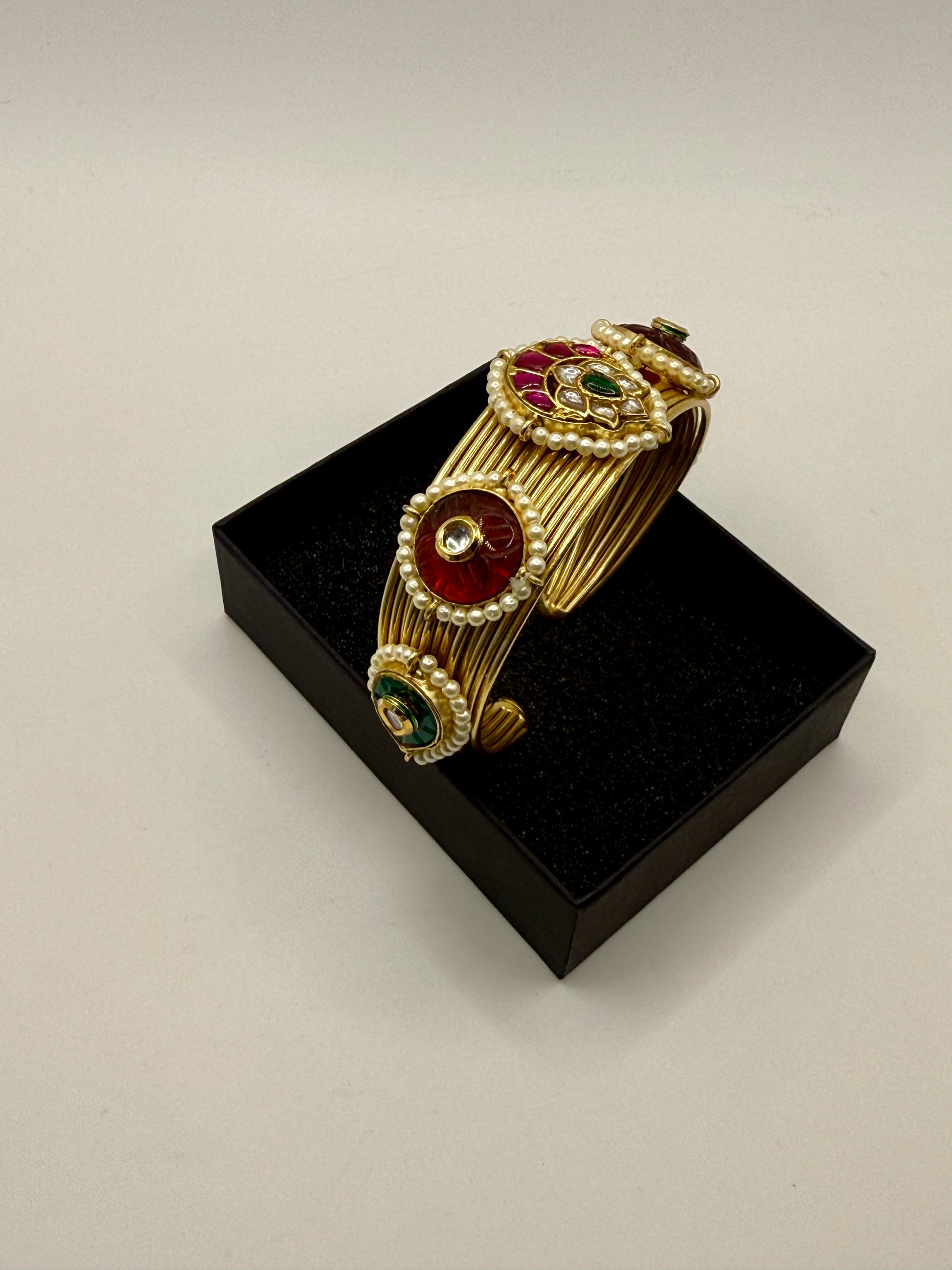 Traditional Pearl & Stone Kada Bangles | Brass Handmade 92.5 Polish Choker Craftsmanship Inspired Jewellery