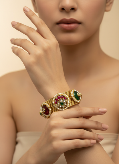 Traditional Pearl & Stone Kada Bangles | Brass Handmade 92.5 Polish Choker Craftsmanship Inspired Jewellery
