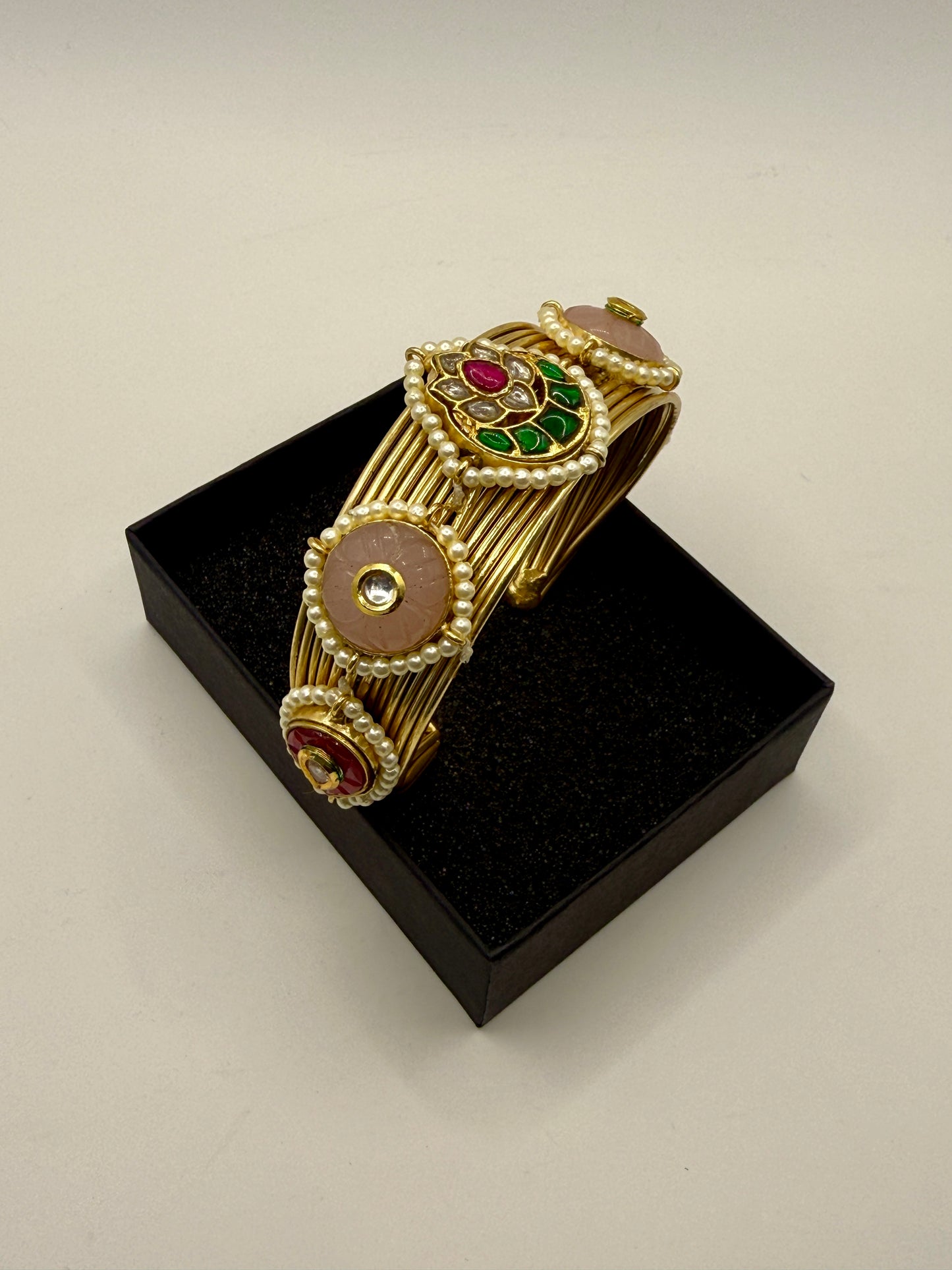 Traditional Pearl & Stone Kada Bangles | Brass Handmade 92.5 Polish Choker Craftsmanship Inspired Jewellery