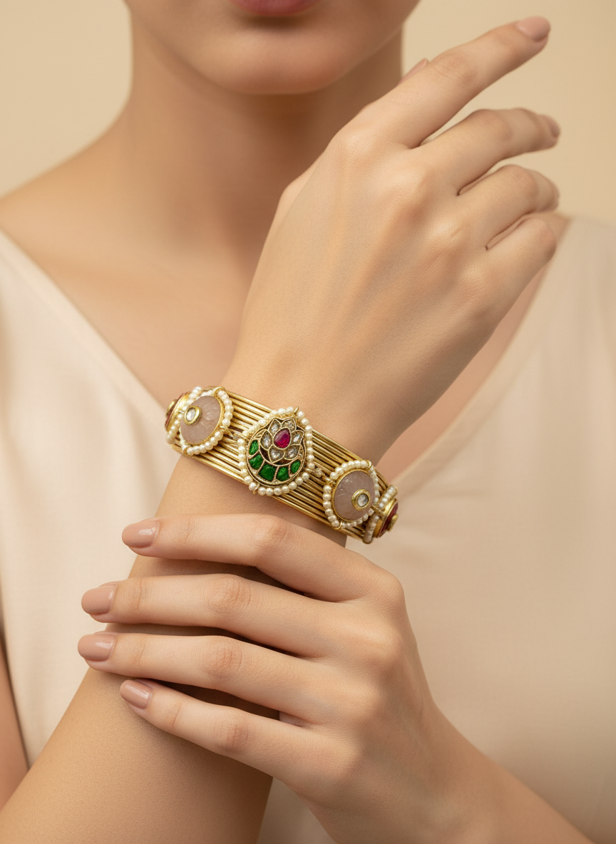 Traditional Pearl & Stone Kada Bangles | Brass Handmade 92.5 Polish Choker Craftsmanship Inspired Jewellery