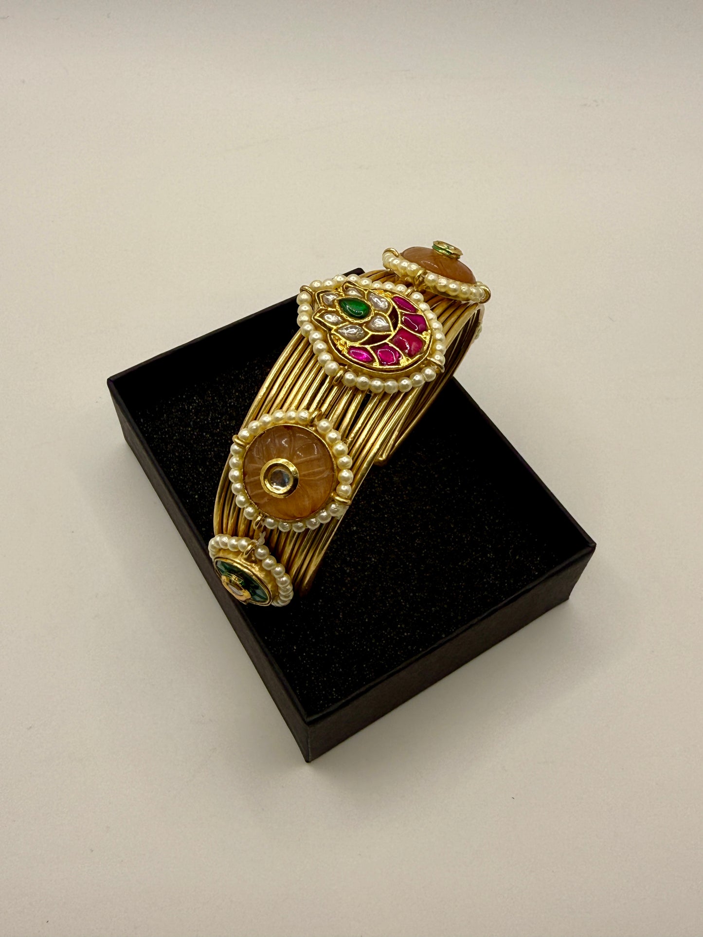 Traditional Pearl & Stone Kada Bangles | Brass Handmade 92.5 Polish Choker Craftsmanship Inspired Jewellery
