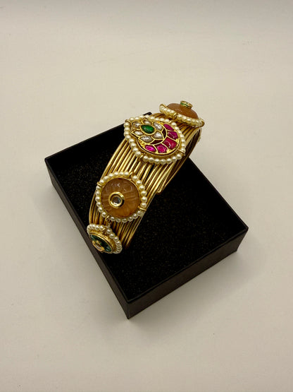 Traditional Pearl & Stone Kada Bangles | Brass Handmade 92.5 Polish Choker Craftsmanship Inspired Jewellery