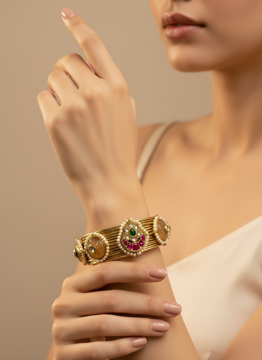 Traditional Pearl & Stone Kada Bangles | Brass Handmade 92.5 Polish Choker Craftsmanship Inspired Jewellery