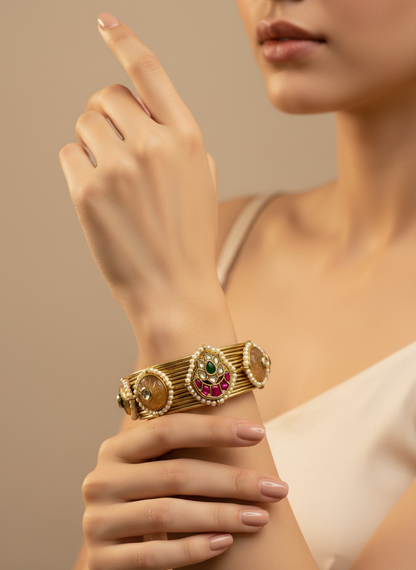 Traditional Pearl & Stone Kada Bangles | Brass Handmade 92.5 Polish Choker Craftsmanship Inspired Jewellery