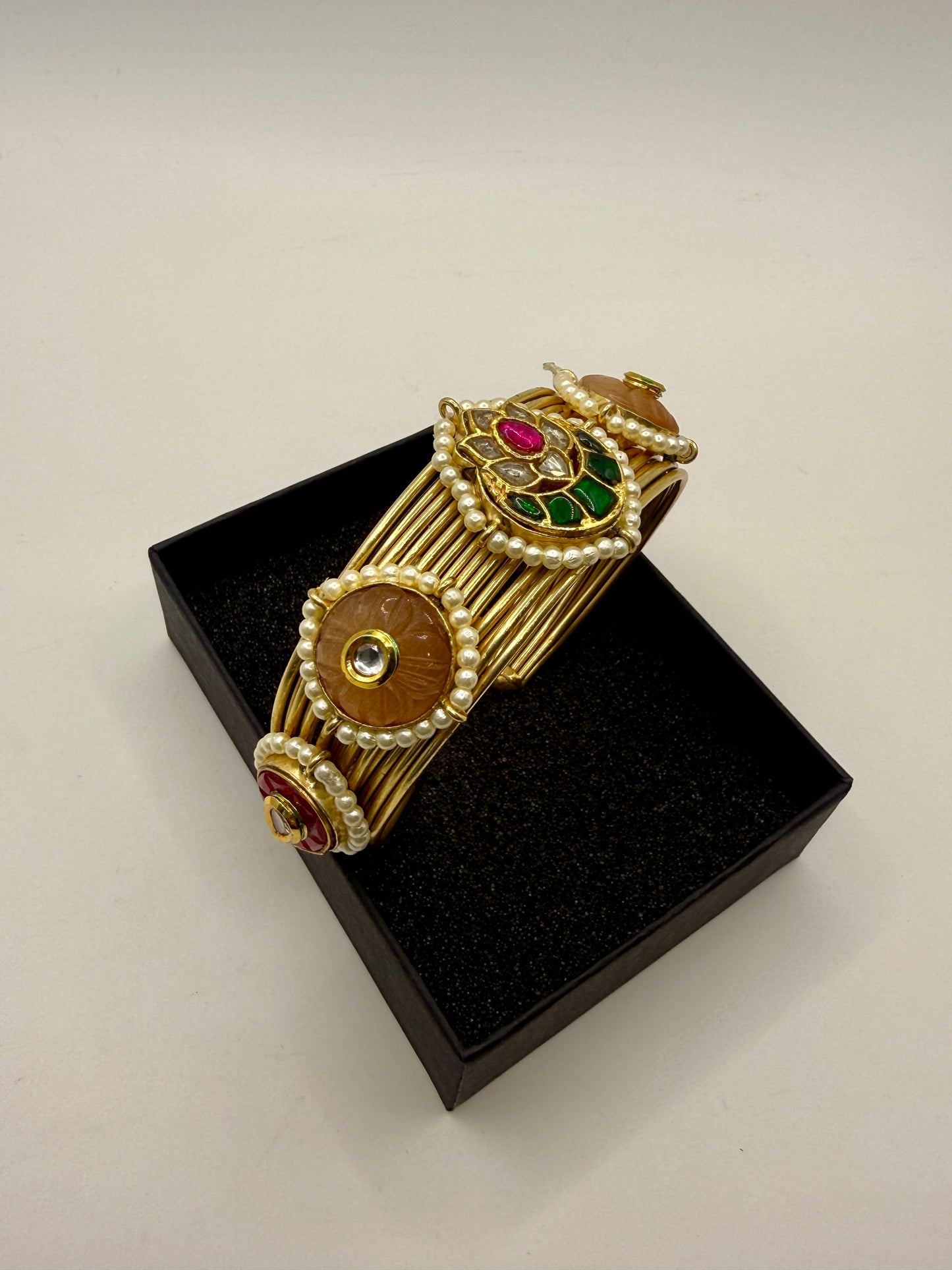 Traditional Pearl & Stone Kada Bangles | Brass Handmade 92.5 Polish Choker Craftsmanship Inspired Jewellery