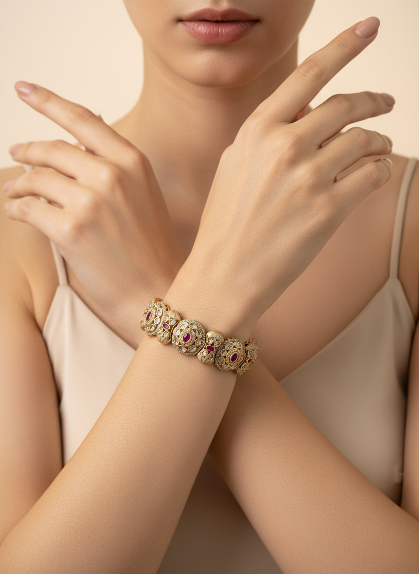 Stone Circular Motif Bracelet - Luxury Indian Designer Kada Bracelet