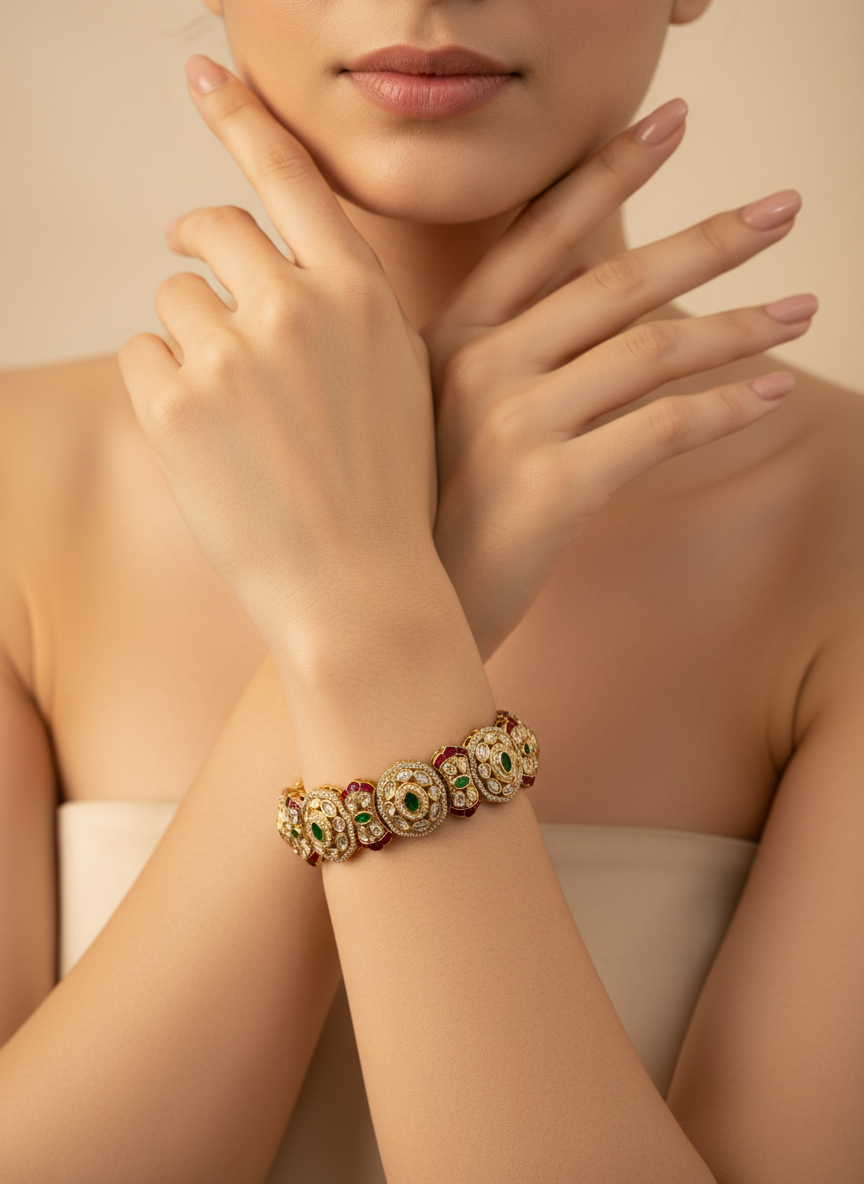 Stone Circular Motif Bracelet - Luxury Indian Designer Kada Bracelet