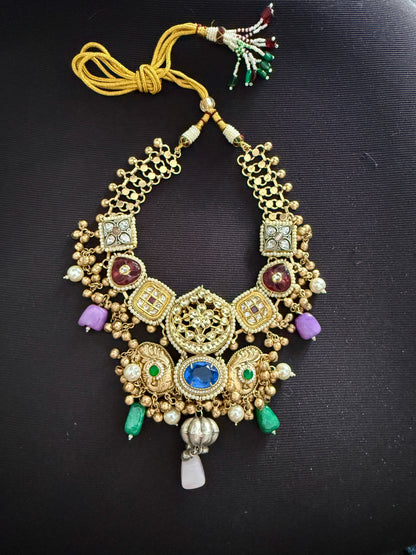 Multicolour Stone Pearl Drop Antique Finish Choker Necklace - Brass 92.5 Handmade